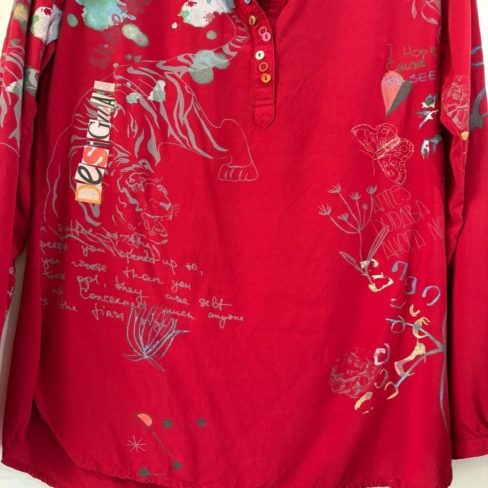 Desigual Words Long Sleeve Blouse Pop Over Top M Tiger Printed Artsy Edgy Art M - Picture 2 of 10
